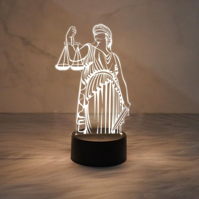 3D Illusion Lady Justice Statue Led Light | Lawyer Office Decor Night Light | Gift for Lawyer & Advocate | Warm White Light with USB Powered