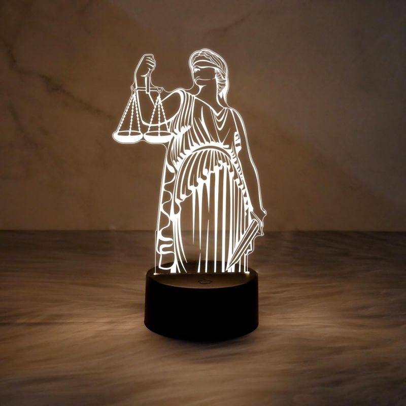 3D Illusion Lady Justice Statue Led Light | Lawyer Office Decor Night Light | Gift for Lawyer & Advocate | Warm White Light with USB Powered