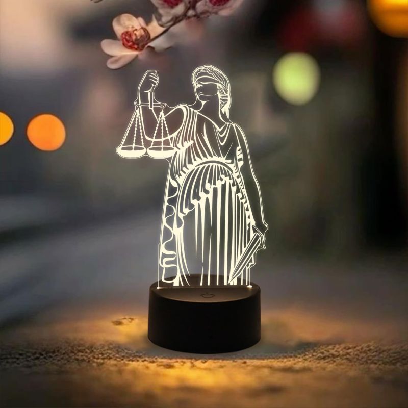 3D Illusion Lady Justice Statue Led Light | Lawyer Office Decor Night Light | Gift for Lawyer & Advocate | Warm White Light with USB Powered