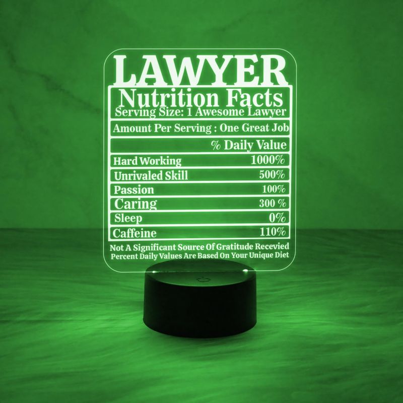 3D Illusion Lawyer Nutrition Facts Night Lamp with Automatic Color Changing Light & USB Powered | Gift for Law Student