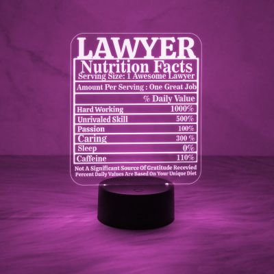 3D Illusion Lawyer Nutrition Facts Night Lamp with Automatic Color Changing Light & USB Powered | Gift for Law Student