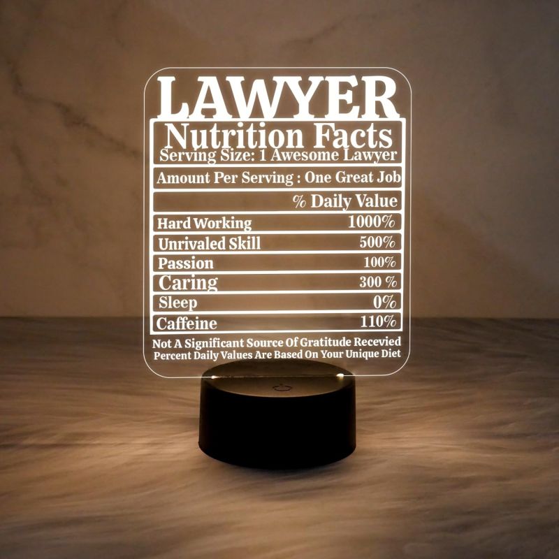 3D Illusion Lawyer Nutrition Facts Night Lamp with Warm White Light & USB Powered | Gift for Law Student