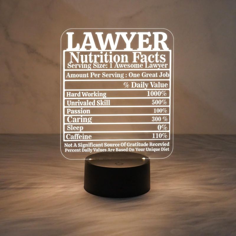 3D Illusion Lawyer Nutrition Facts Night Lamp with Warm White Light & USB Powered | Gift for Law Student