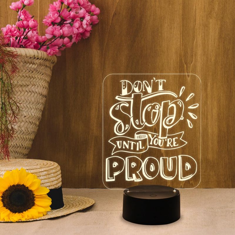 Motivational Night Lamp Don’t Stop Until You are Proud Engraved Quote Night Lamp with Warm White Light & USB Powered
