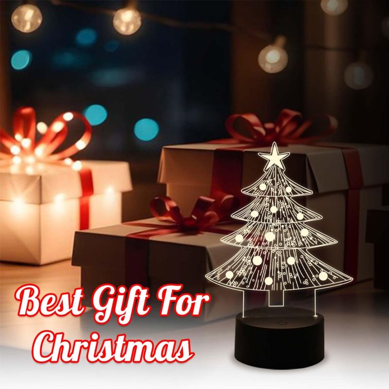 3D Illusion Christmas Tree Night Lamp Christmas Decorations with Led Light with Warm White Light & On/Off Touch Button