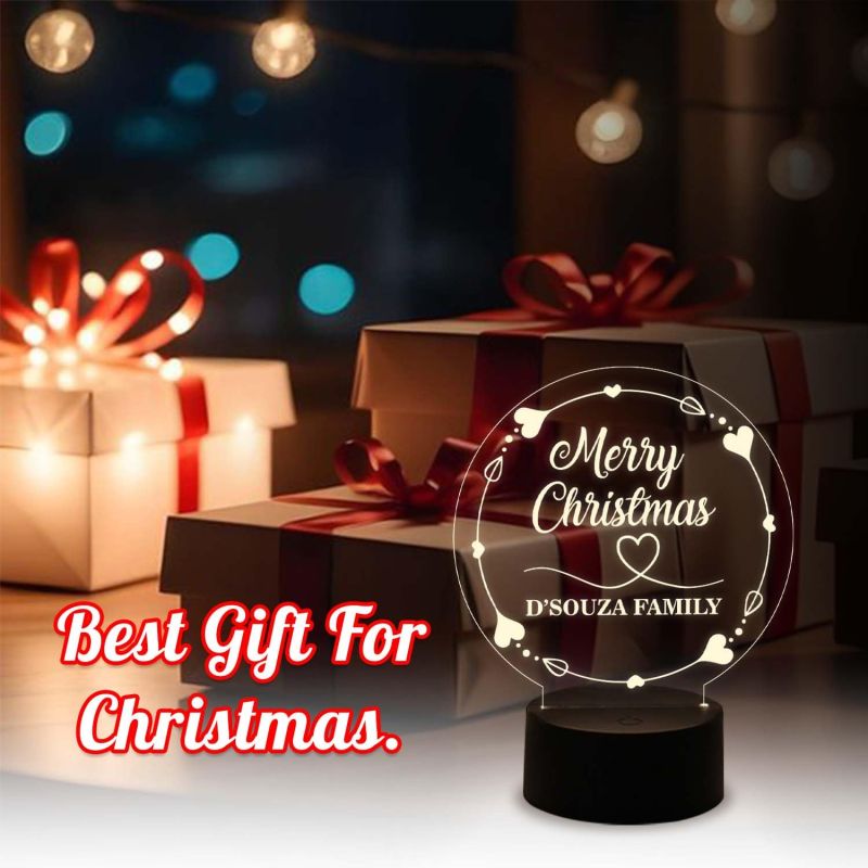 Personalized Merry Christmas Night Lamp | Customized with Name | 3D Illusion Lamp with Touch Button & Warm White Light
