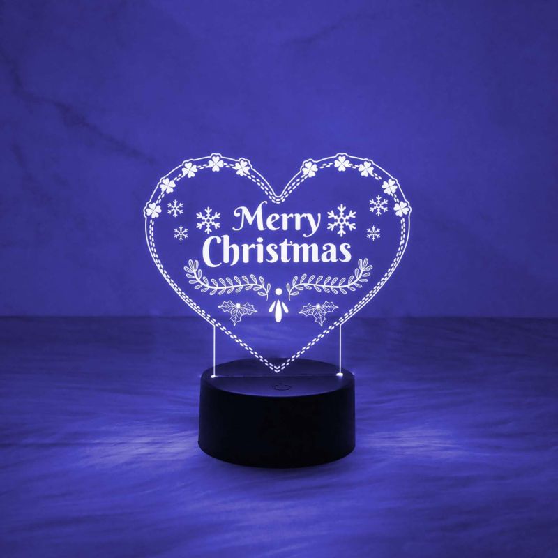 3D Illusion Merry Christmas Night Lamp | Heart Shape Design Lamp with Automatic Color Changing Light & USB Powered | On/Off Touch Button