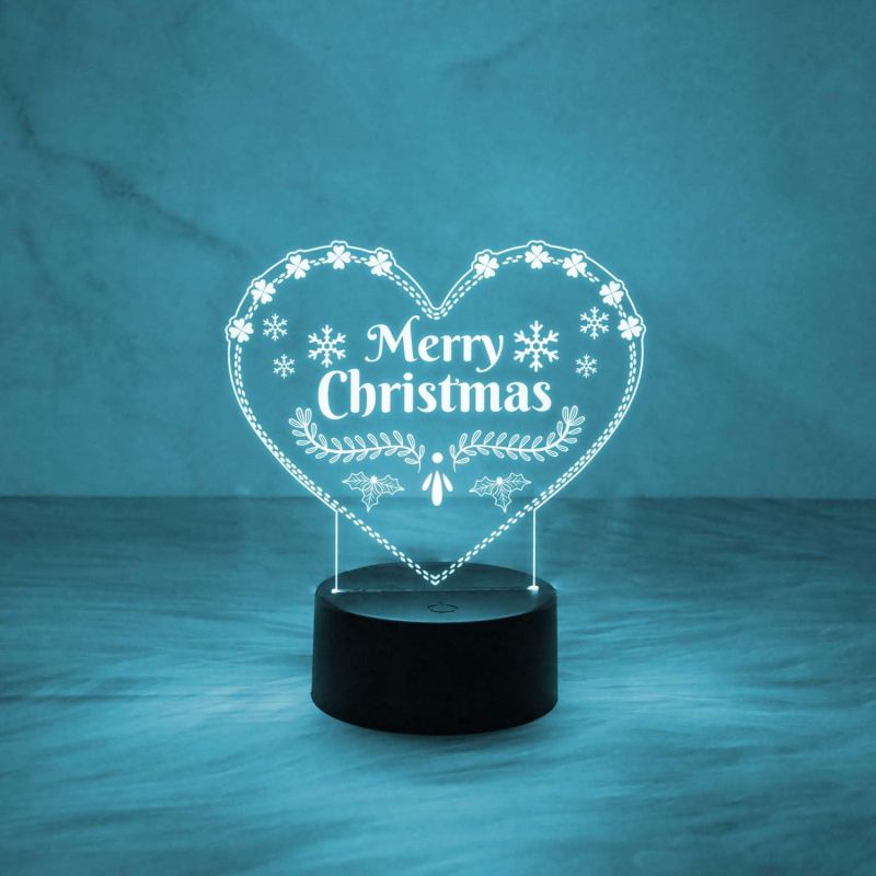 3D Illusion Merry Christmas Night Lamp | Heart Shape Design Lamp with Automatic Color Changing Light & USB Powered | On/Off Touch Button