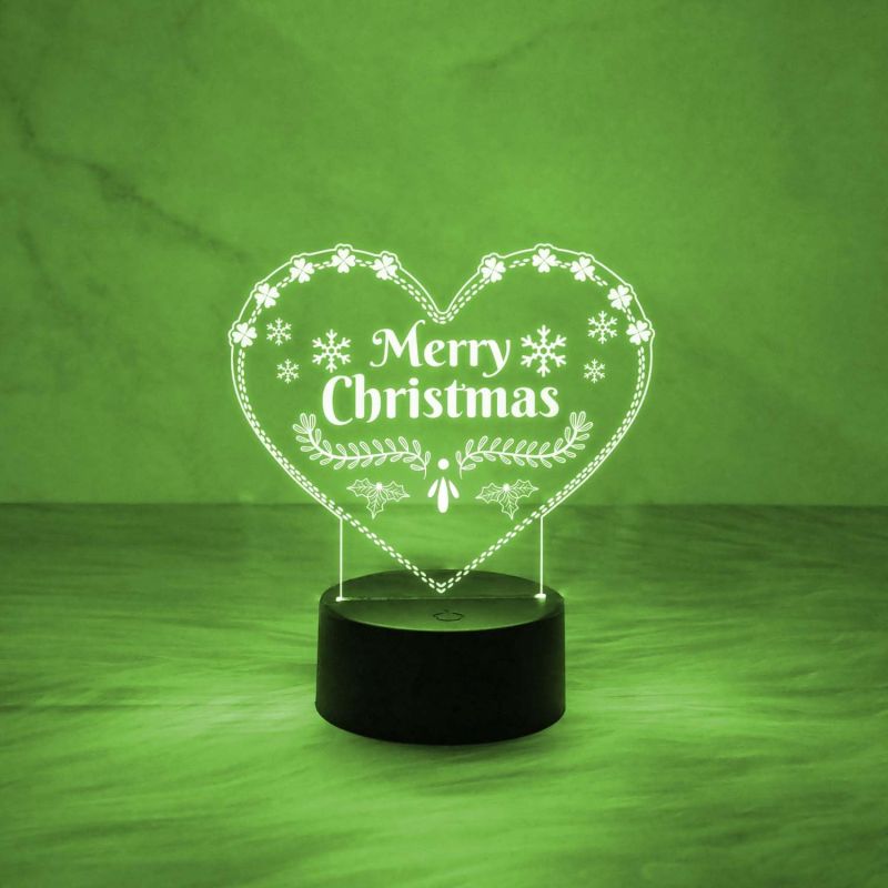 3D Illusion Merry Christmas Night Lamp | Heart Shape Design Lamp with Automatic Color Changing Light & USB Powered | On/Off Touch Button