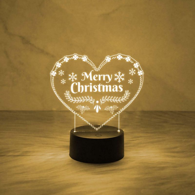 3D Illusion Merry Christmas Night Lamp | Heart Shape Design Lamp with Automatic Color Changing Light & USB Powered | On/Off Touch Button