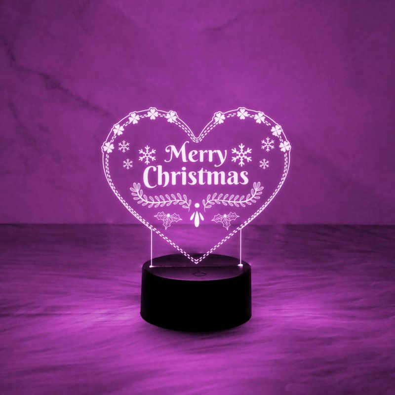 3D Illusion Merry Christmas Night Lamp | Heart Shape Design Lamp with Automatic Color Changing Light & USB Powered | On/Off Touch Button