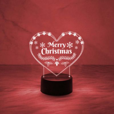 3D Illusion Merry Christmas Night Lamp | Heart Shape Design Lamp with Automatic Color Changing Light & USB Powered | On/Off Touch Button