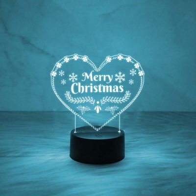 3D Illusion Merry Christmas Night Lamp | Heart Shape Design Lamp with Automatic Color Changing Light & USB Powered | On/Off Touch Button