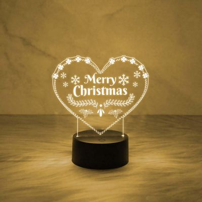 3D Illusion Merry Christmas Night Lamp | Heart Shape Design Lamp with Automatic Color Changing Light & USB Powered | On/Off Touch Button