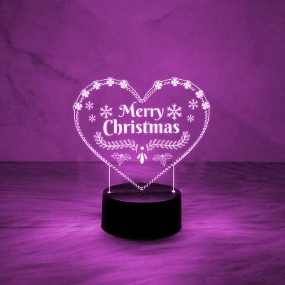 3D Illusion Merry Christmas Night Lamp | Heart Shape Design Lamp with Automatic Color Changing Light & USB Powered | On/Off Touch Button
