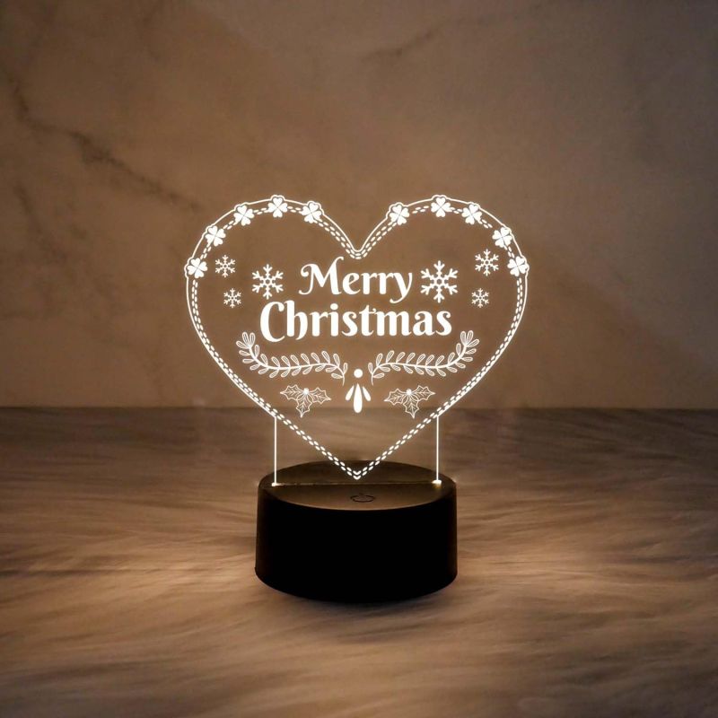 3D Illusion Merry Christmas Night Lamp | Heart Shape Design Lamp with Warm White Light & USB Powered