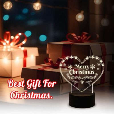 3D Illusion Merry Christmas Night Lamp | Heart Shape Design Lamp with Warm White Light & USB Powered