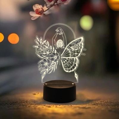 Beautiful Butterfly Girl Fairy Shape 3D Illusion Acrylic Desk Table Lamp Warm White Light