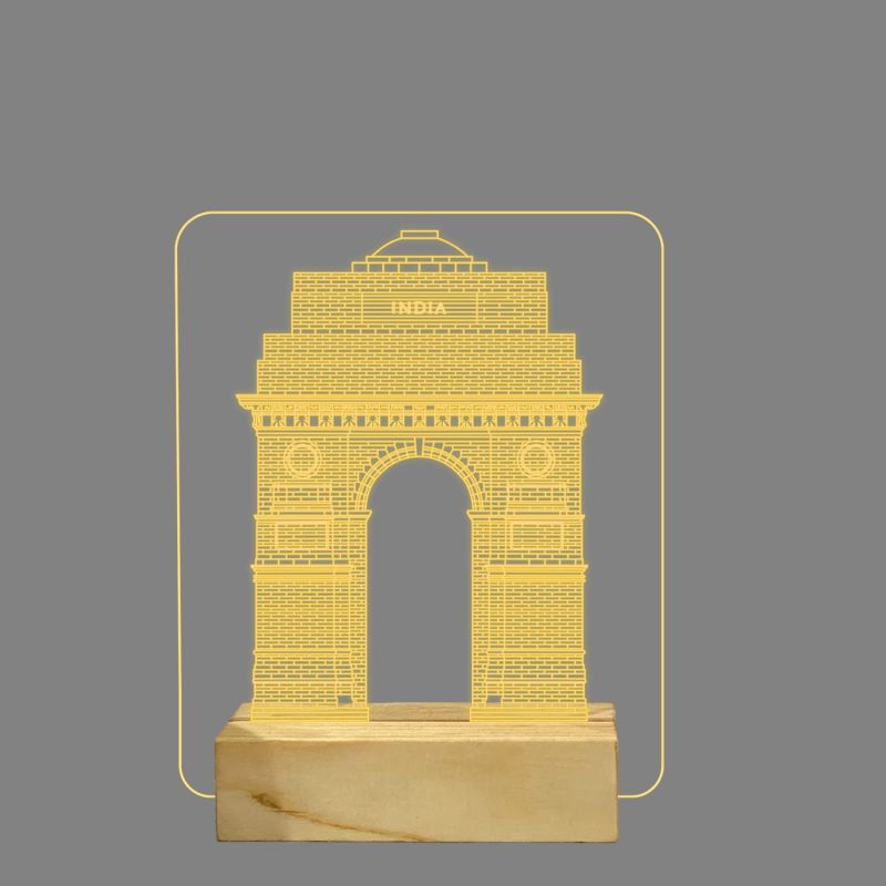 3D Illusion India gate Acrylic Table lamp for Home Decoration Light and Gifts Warm White Light with Wooden Stand