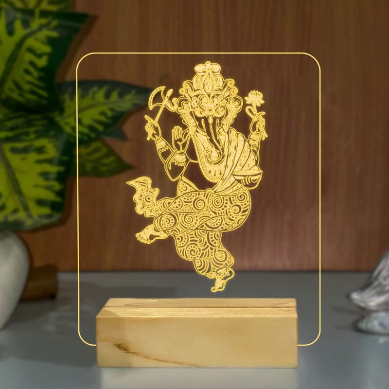 Ganesha Acrylic led lamp use for Home Decoration Light & Gifts Warm White Light (Wooden Base)