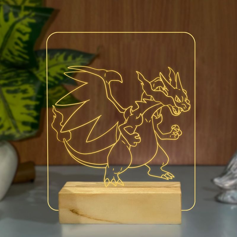 3D Illusion MegaCharizardX2589 Acrylic Night Lamp with Warm White Anime Home Decor Table Lamp