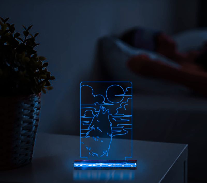 3D Illusion Howling Wolf Night Light Beside Table Lamp, 16 Color Changing Decoration Lamps with Remote