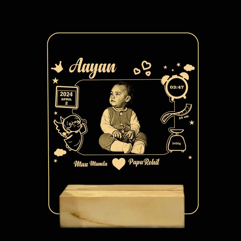 3D Illusion Personalized Baby Photo Acrylic Led Night Lamp with Warm White Color | Customized with Name & Date