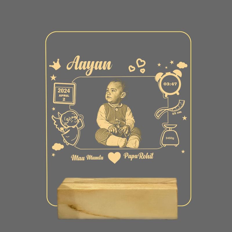 3D Illusion Personalized Baby Photo Acrylic Led Night Lamp with Warm White Color | Customized with Name & Date