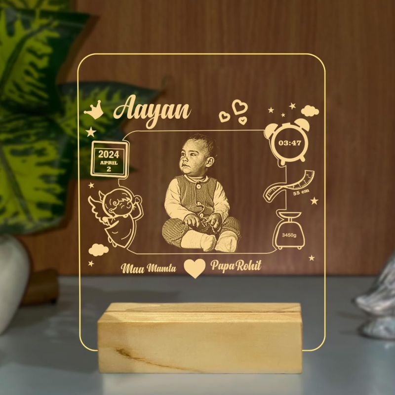 3D Illusion Personalized Baby Photo Acrylic Led Night Lamp with Warm White Color | Customized with Name & Date