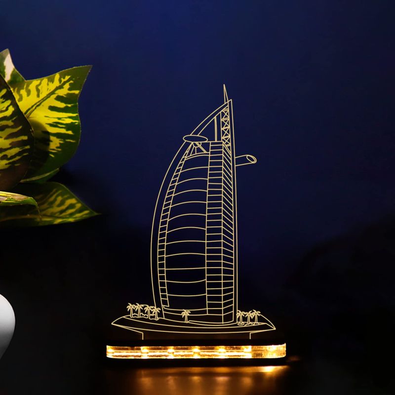 Burj-al-arab456 3D Illusion Night lamp with Warm White Light with 12V 1 amp Power Adapter