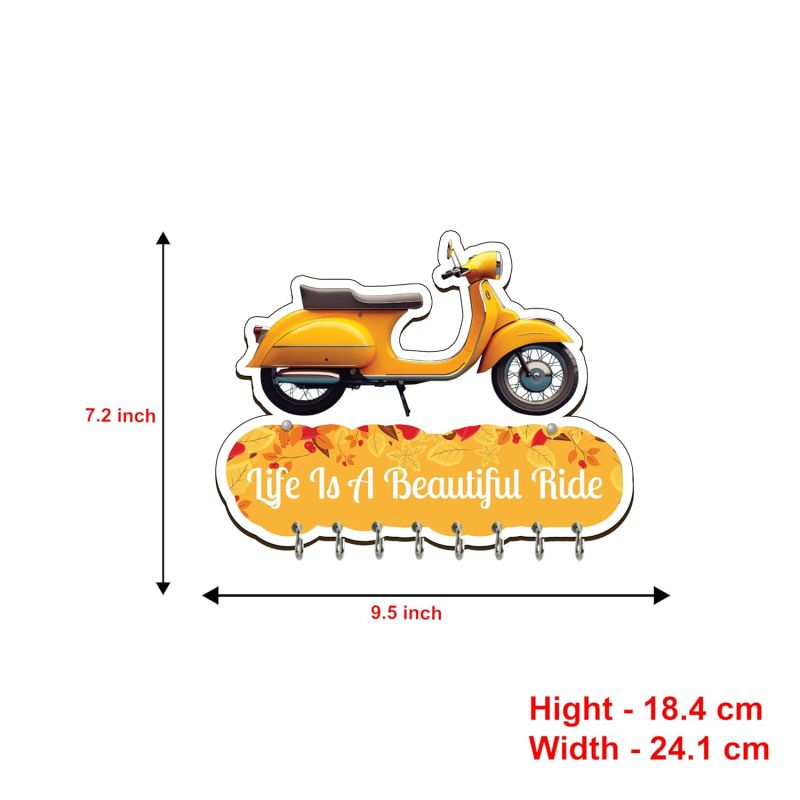 Scooty Shape Wooden Key Holder  Life is a Beautiful Ride Printed Key Holder for Home and Office Decor  Beautiful Key Organizer for Home Decoration  Key Stand