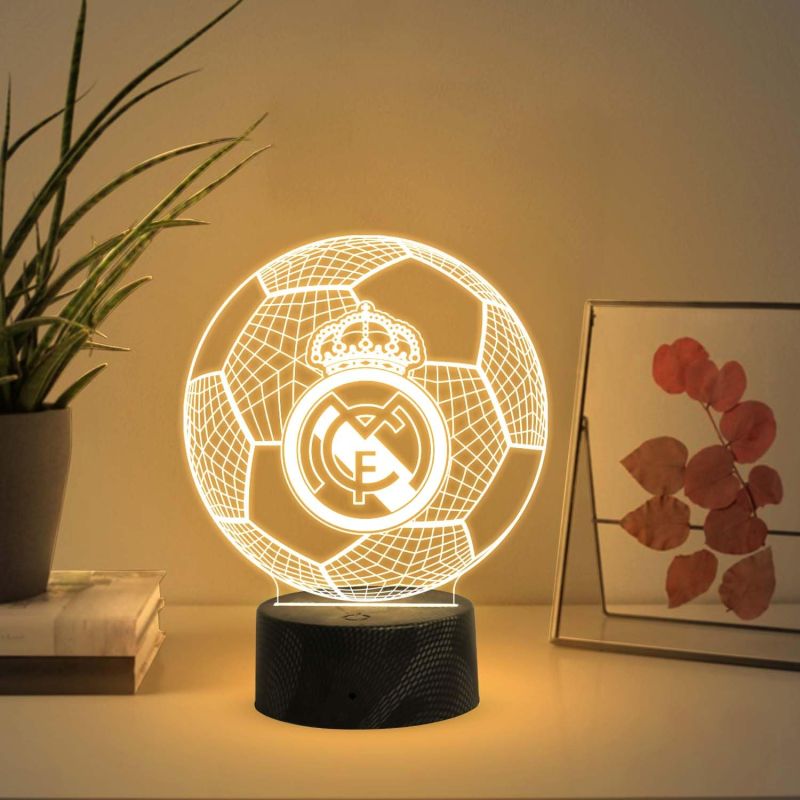 3D Illusion Football Desk Table Lamp Real Madrid Night Lamp | Warm White Light & USB Powered | Bedside Table Lamp | Birthday Gift for Football Player