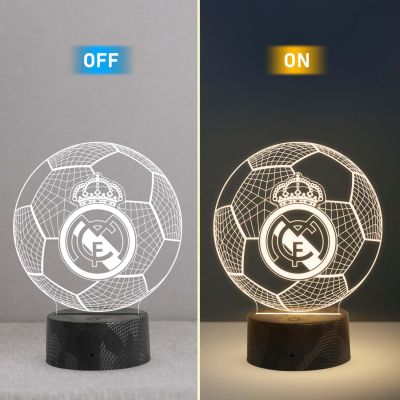 3D Illusion Football Desk Table Lamp Real Madrid Night Lamp | Warm White Light & USB Powered | Bedside Table Lamp | Birthday Gift for Football Player