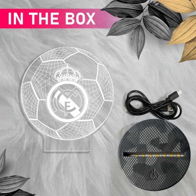 3D Illusion Football Desk Table Lamp Real Madrid Night Lamp | Warm White Light & USB Powered | Bedside Table Lamp | Birthday Gift for Football Player