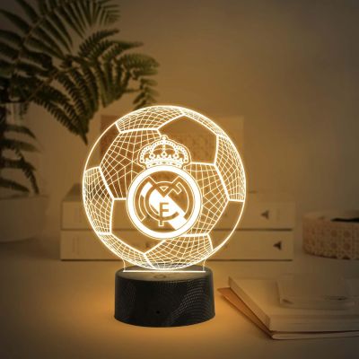 3D Illusion Football Desk Table Lamp Real Madrid Night Lamp | Warm White Light & USB Powered | Bedside Table Lamp | Birthday Gift for Football Player