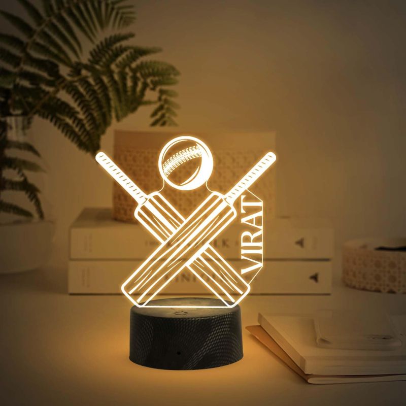 Personalized Cricket 3D Night Light  Customized with Name  Bat with Ball lamp  Gift for Cricket Lover  Warm White Light Lamp for Sports Fans