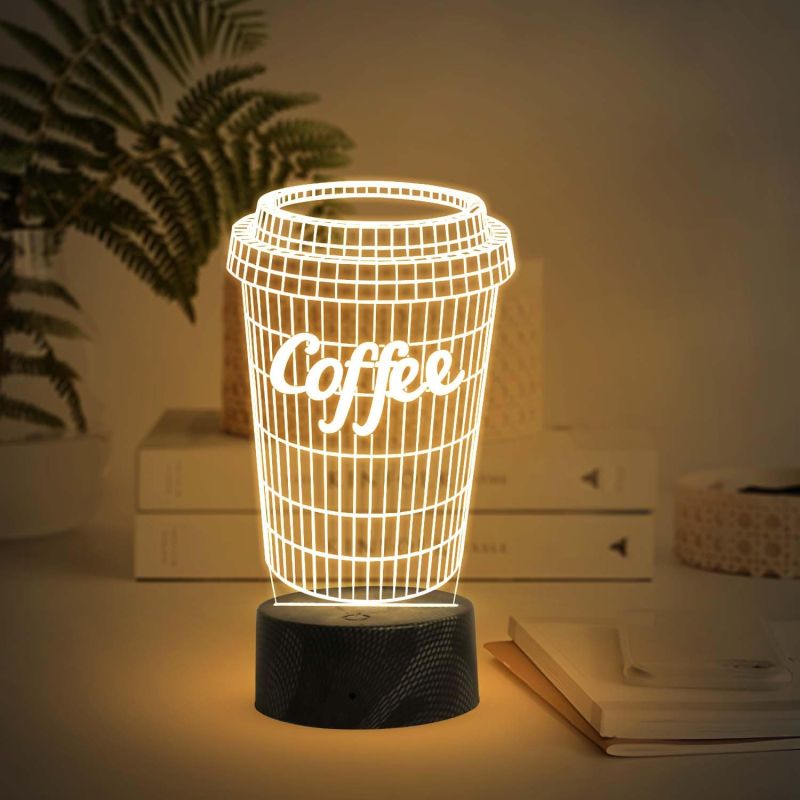 3D Illusion Coffee Mug Led Desk Table Lamp for Restaurant Hotel Shop & Home Decoration Light  Warm White Light & USB Powered  Gift for Coffee Lover