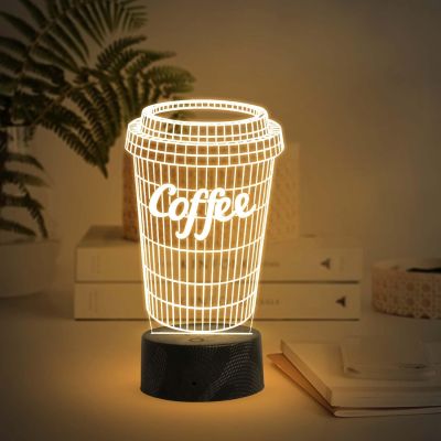 3D Illusion Coffee Mug Led Desk Table Lamp for Restaurant Hotel Shop & Home Decoration Light  Warm White Light & USB Powered  Gift for Coffee Lover