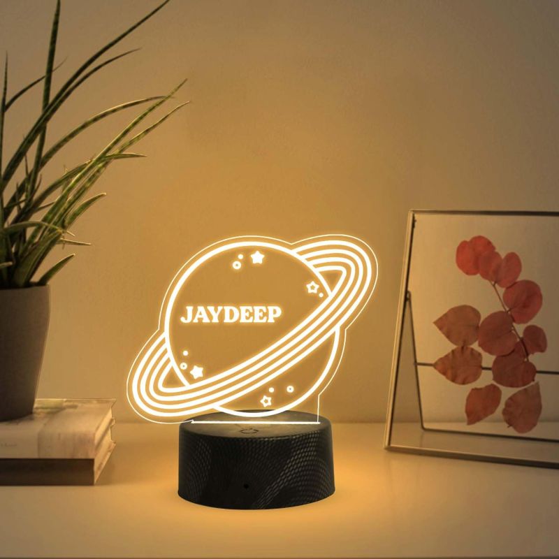 Personalized 3D Illusion Saturn Night Lamp with Warm White Light   Customized with Name  Bedside Table Lamp  Birthday Gift for Kids