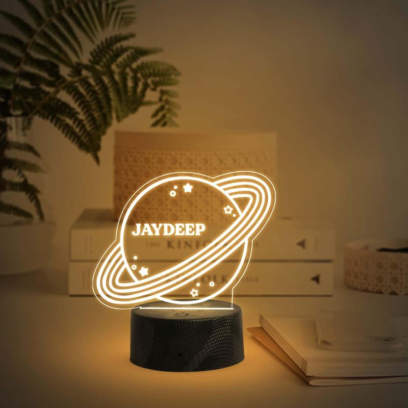 Personalized 3D Illusion Saturn Night Lamp with Warm White Light   Customized with Name  Bedside Table Lamp  Birthday Gift for Kids