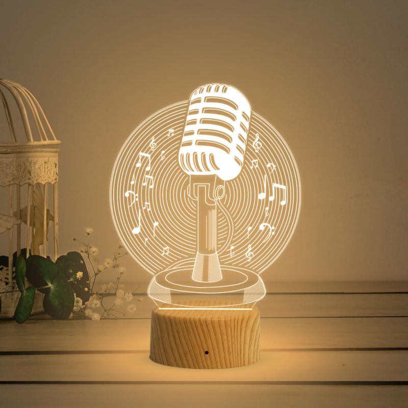 3D Illusion Microphone Night Light Lamp Warm White Light  Table Desk Decoration Lamps Gift  USB Cable  Gift for Music Lover  Home Decor Light