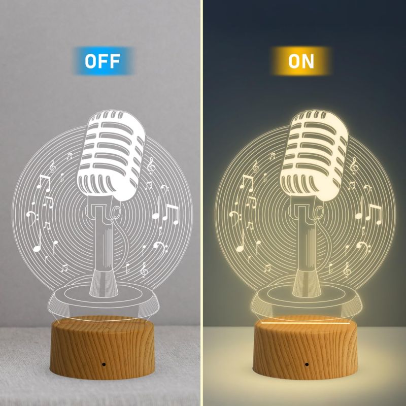 3D Illusion Microphone Night Light Lamp Warm White Light  Table Desk Decoration Lamps Gift  USB Cable  Gift for Music Lover  Home Decor Light