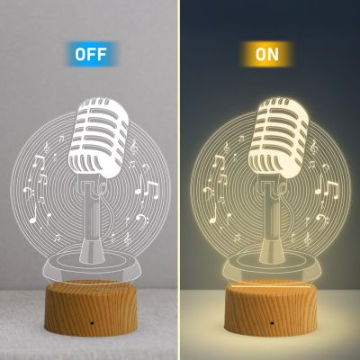 3D Illusion Microphone Night Light Lamp Warm White Light  Table Desk Decoration Lamps Gift  USB Cable  Gift for Music Lover  Home Decor Light