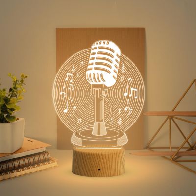 3D Illusion Microphone Night Light Lamp Warm White Light  Table Desk Decoration Lamps Gift  USB Cable  Gift for Music Lover  Home Decor Light