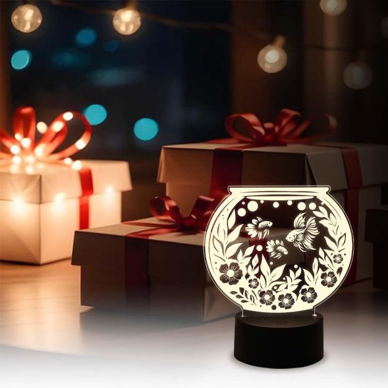 3D Illusion Fish Aquarium Showpiece Night Lamp with Warm White Light  Home & Office Decor Light  Bedside Table Lamp