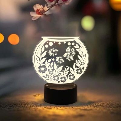 3D Illusion Fish Aquarium Showpiece Night Lamp with Warm White Light  Home & Office Decor Light  Bedside Table Lamp