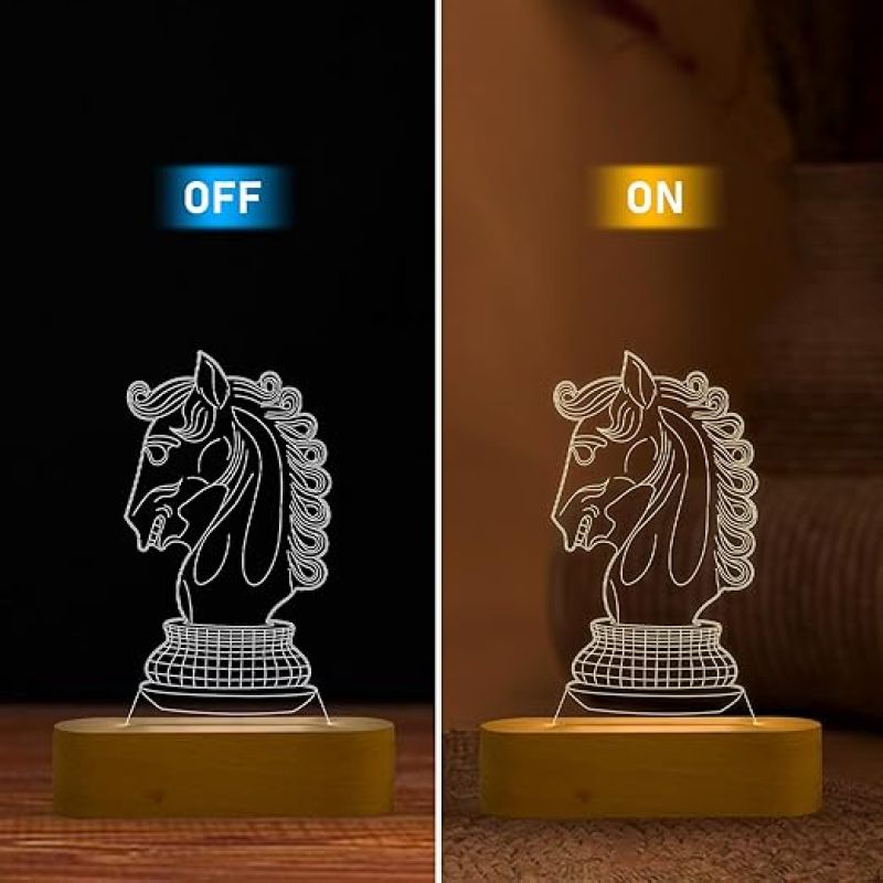 3D Illusion Chess Horse Night Lamp with Warm White Light  Gift for Chess Lover  Home & Office Decor Light  Lamp for Kids Room & Gaming Room