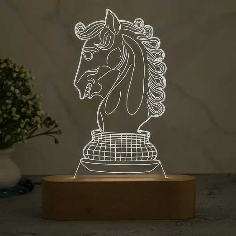 3D Illusion Chess Horse Night Lamp with Warm White Light  Gift for Chess Lover  Home & Office Decor Light  Lamp for Kids Room & Gaming Room