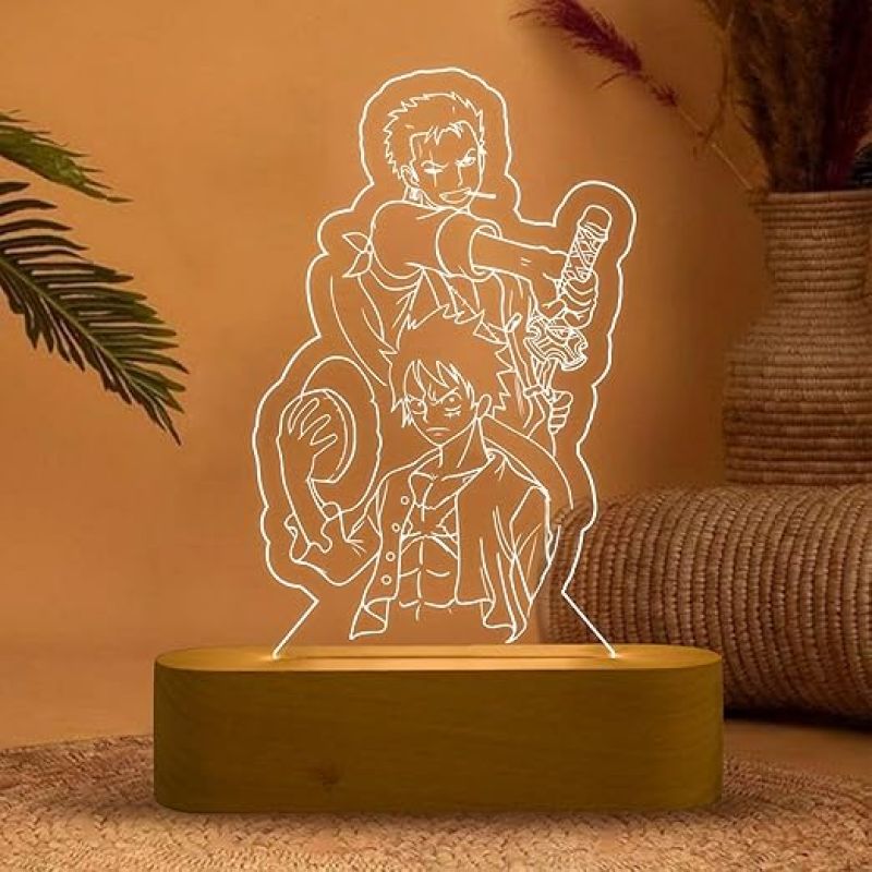 3D Illusion Zoro Manga & MonkeyDLuffy LED Night Lamp with Cool White Color Gift for Anime Lover, Birthday Gift, Kids Room Decor Table Lamp