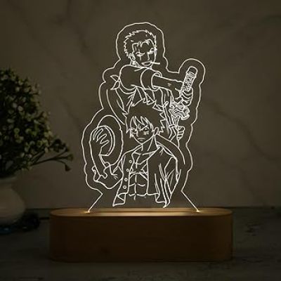 3D Illusion Zoro Manga & MonkeyDLuffy LED Night Lamp with Cool White Color Gift for Anime Lover, Birthday Gift, Kids Room Decor Table Lamp